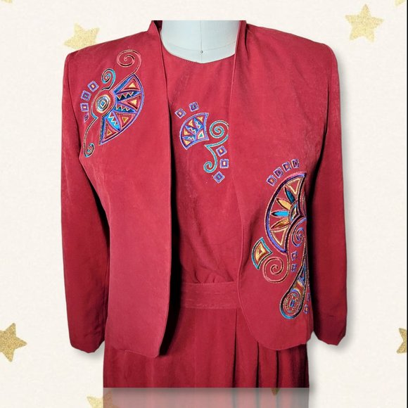 Vintage 80's City Girl Petites 3-Piece Embroidered Skirt Suit  - Size Large - Picture 4 of 15